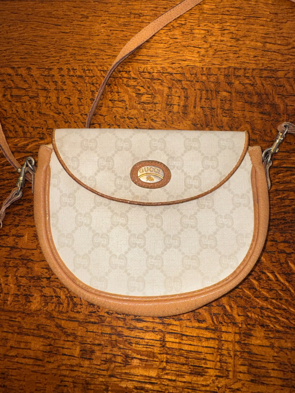 Gucci Beige and Tan Monogram Crescent Crossbody Bag
